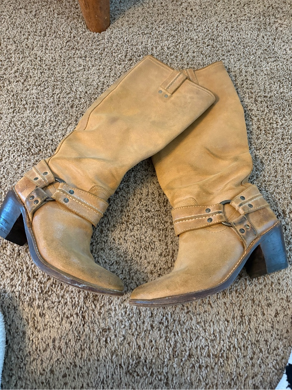Frye Tan Leather Knee Harness Heeled Boots - Picture 7 of 9